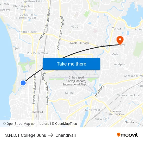S.N.D.T College Juhu to Chandivali map