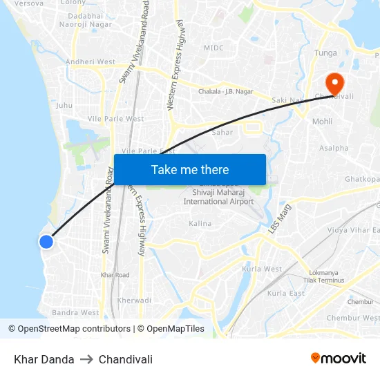 Khar Danda to Chandivali map