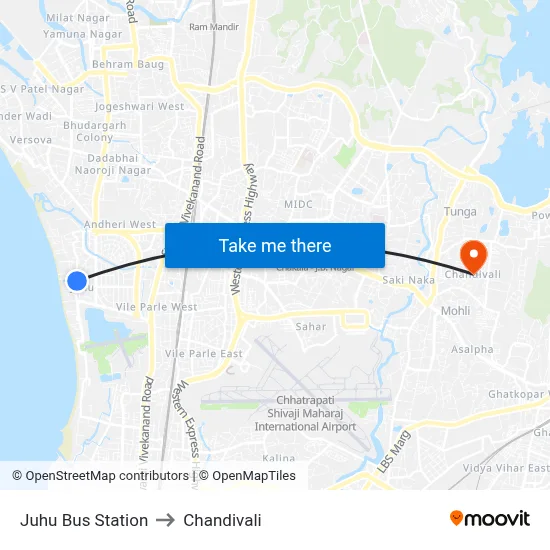 Juhu Bus Station to Chandivali map
