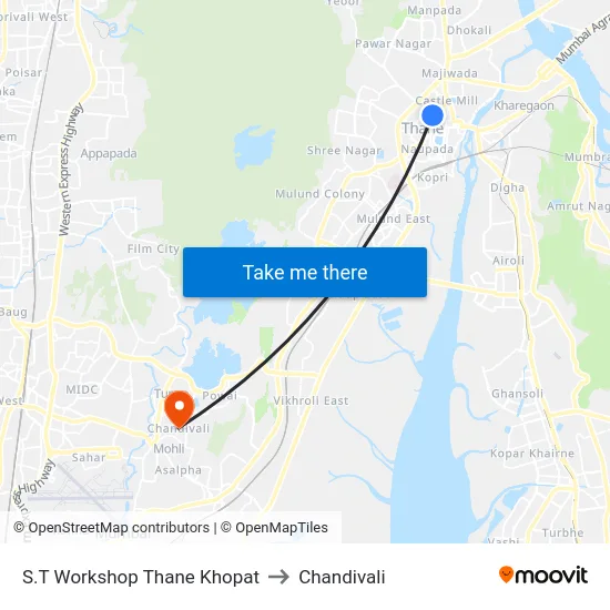 S.T Workshop Thane Khopat to Chandivali map