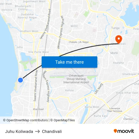 Juhu Koliwada to Chandivali map