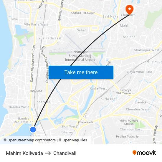 Mahim Koliwada to Chandivali map