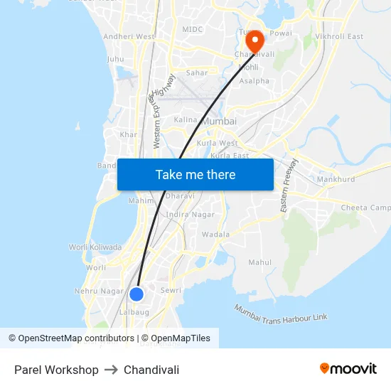 Parel Workshop to Chandivali map