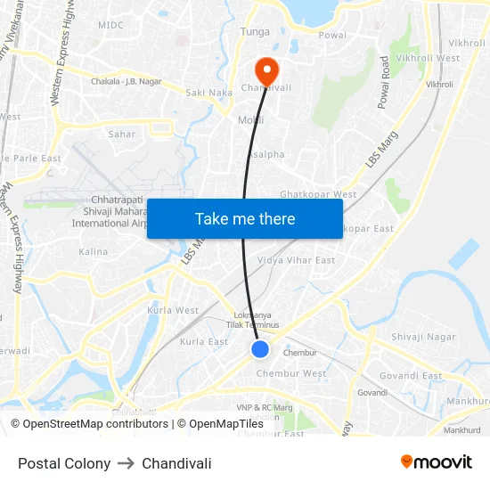 Postal Colony to Chandivali map