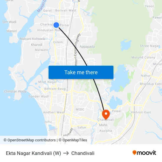 Ekta Nagar Kandivali (W) to Chandivali map