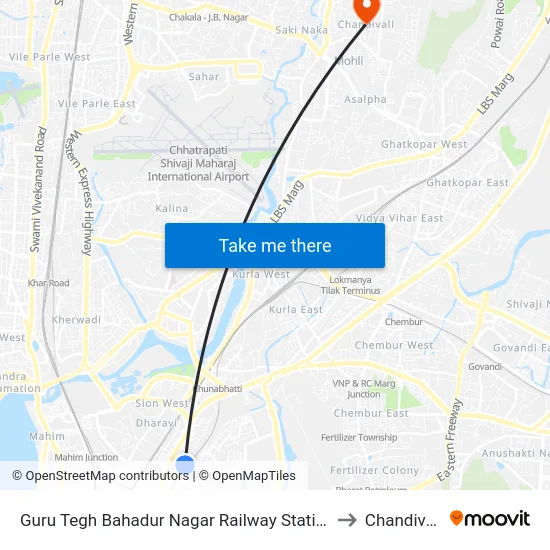 Guru Tegh Bahadur Nagar Railway Station to Chandivali map