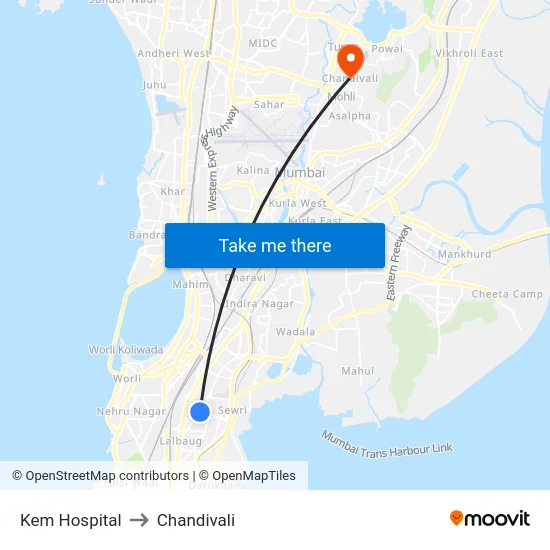 Kem Hospital to Chandivali map