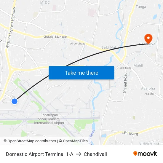 Domestic Airport Terminal 1-A to Chandivali map