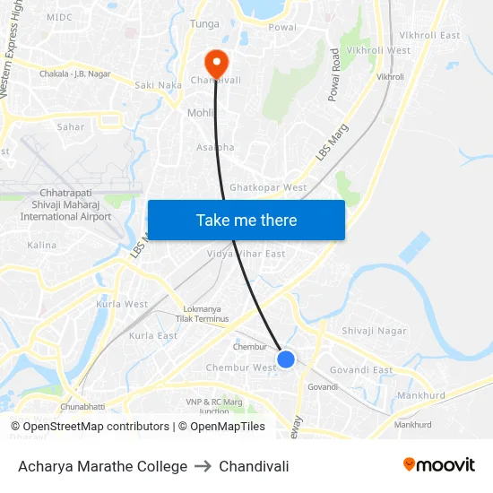 Acharya Marathe College to Chandivali map
