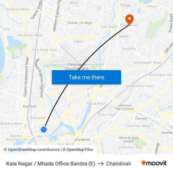 Kala Nagar / Mhada Office Bandra (E) to Chandivali map