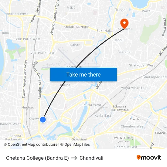 Chetana College (Bandra E) to Chandivali map