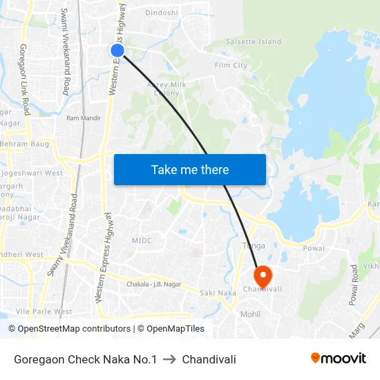 Goregaon Check Naka No.1 to Chandivali map