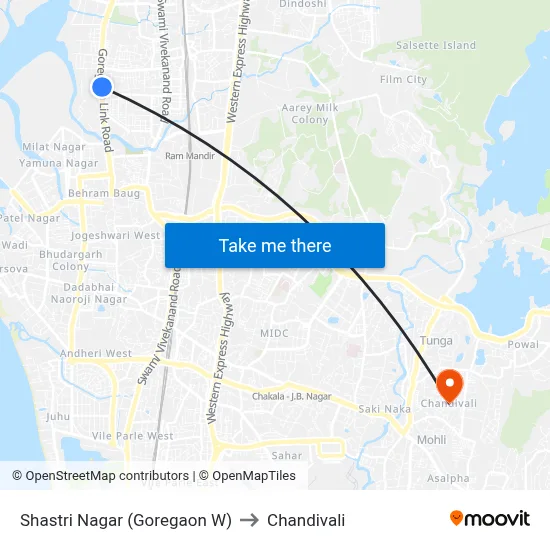 Shastri Nagar (Goregaon W) to Chandivali map