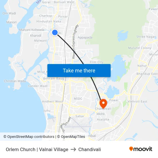 Orlem Church | Valnai Village to Chandivali map