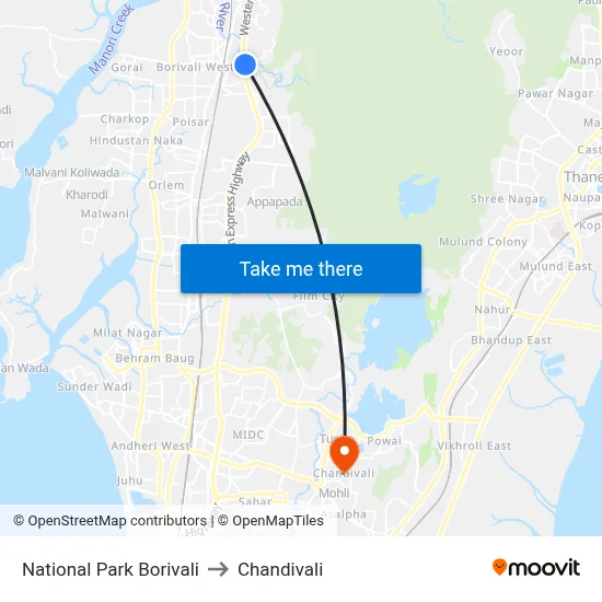 National Park Borivali to Chandivali map