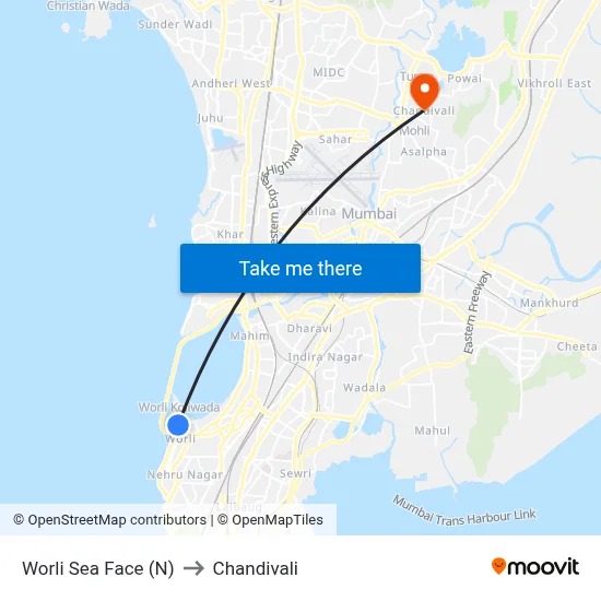 Worli Sea Face (N) to Chandivali map