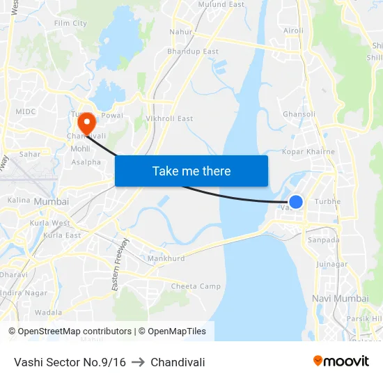 Vashi Sector No.9/16 to Chandivali map