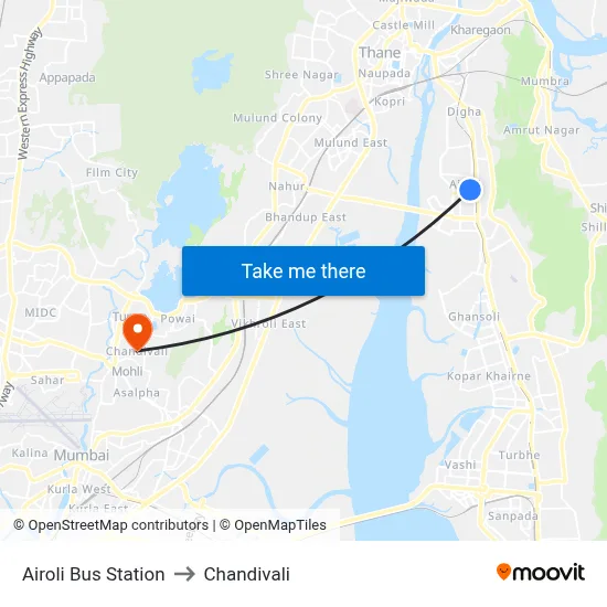 Airoli Bus Station to Chandivali map