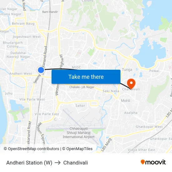 Andheri Station (W) to Chandivali map