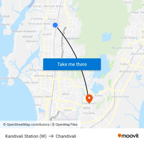 Kandivali Station (W) to Chandivali map