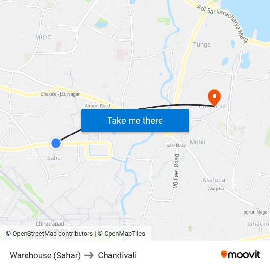 Warehouse (Sahar) to Chandivali map