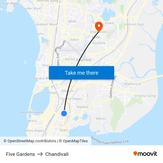 Five Gardens to Chandivali map