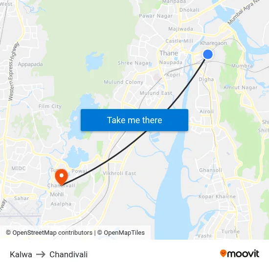 Kalwa to Chandivali map