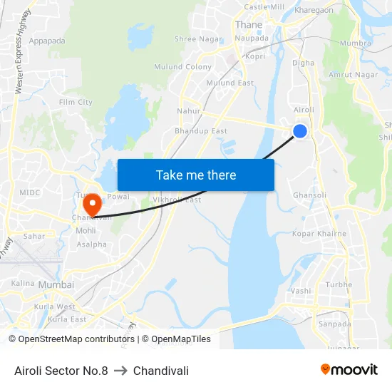 Airoli Sector No.8 to Chandivali map