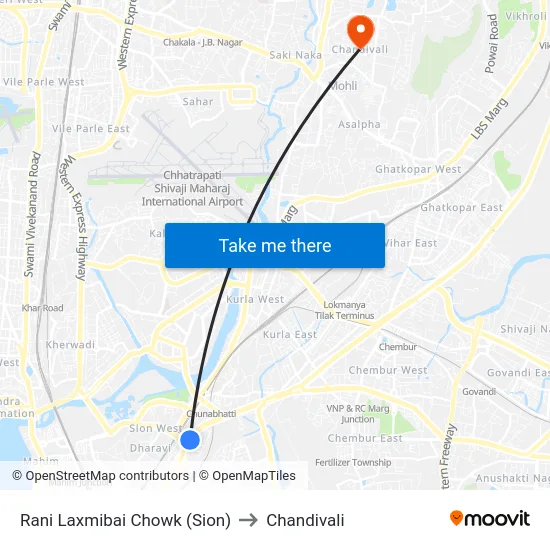 Rani Laxmibai Chowk (Sion) to Chandivali map