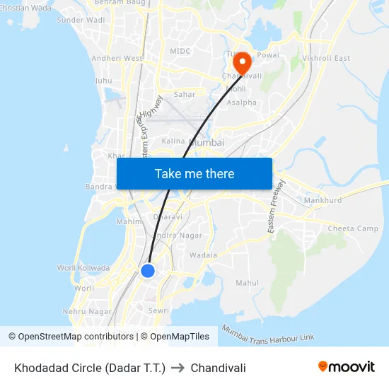 Khodadad Circle (Dadar T.T.) to Chandivali map