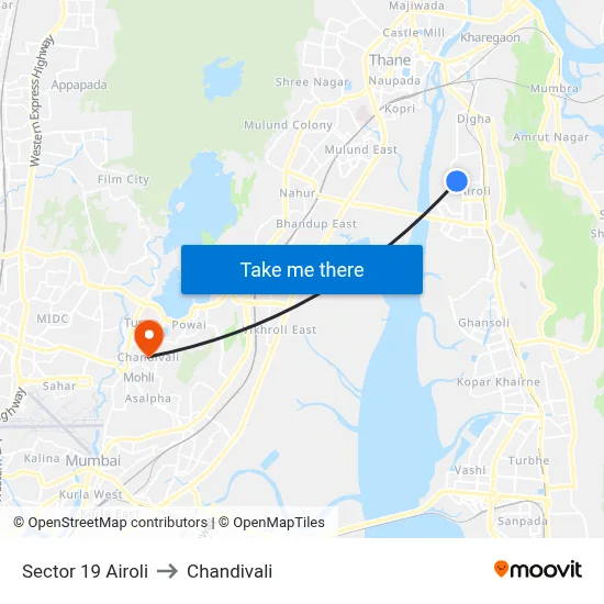 Sector 19 Airoli to Chandivali map