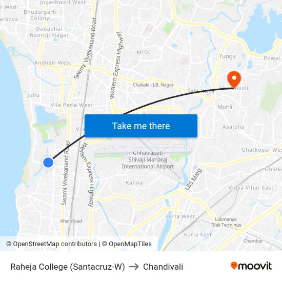 Raheja College (Santacruz-W) to Chandivali map