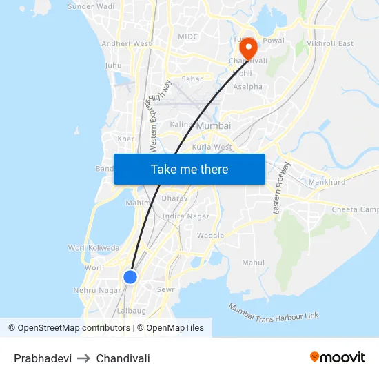 Prabhadevi to Chandivali map