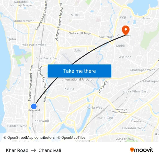 Khar Road to Chandivali map