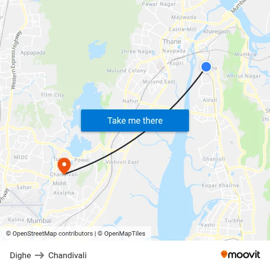 Dighe to Chandivali map