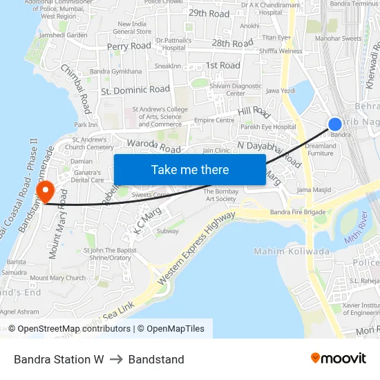 Bandra Station W to Bandstand map