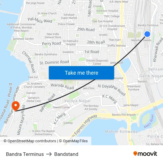 Bandra Terminus to Bandstand map