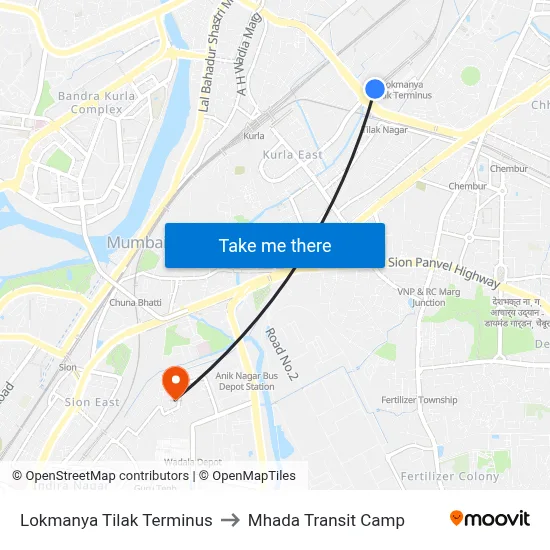 Lokmanya Tilak Terminus to Mhada Transit Camp map