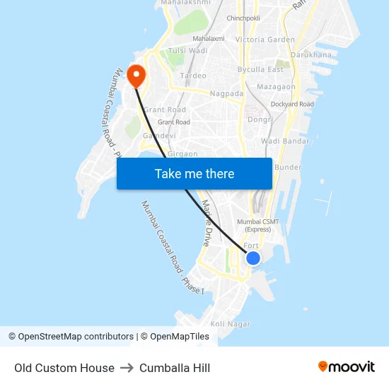 Old Custom House to Cumballa Hill map