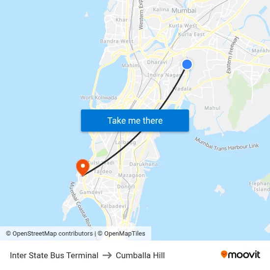 Inter State Bus Terminal to Cumballa Hill map