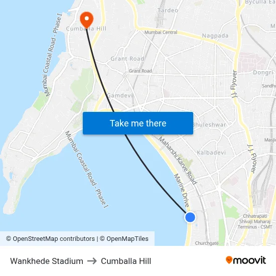 Wankhede Stadium to Cumballa Hill map