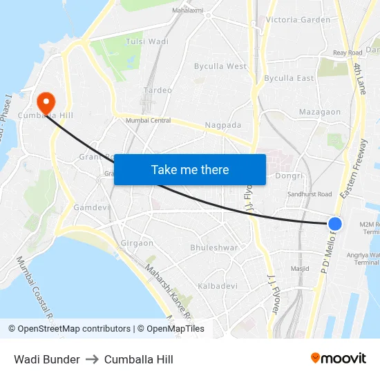 Wadi Bunder to Cumballa Hill map