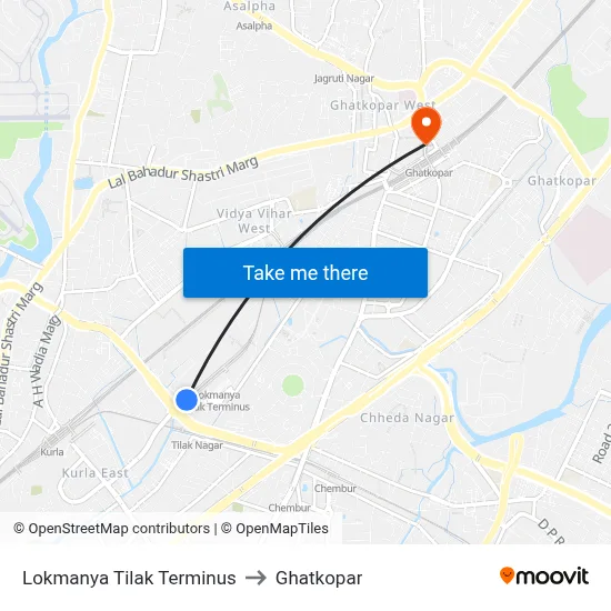 Lokmanya Tilak Terminus to Ghatkopar map