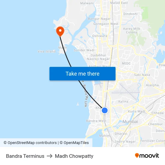 Bandra Terminus to Madh Chowpatty map