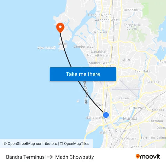 Bandra Terminus to Madh Chowpatty map
