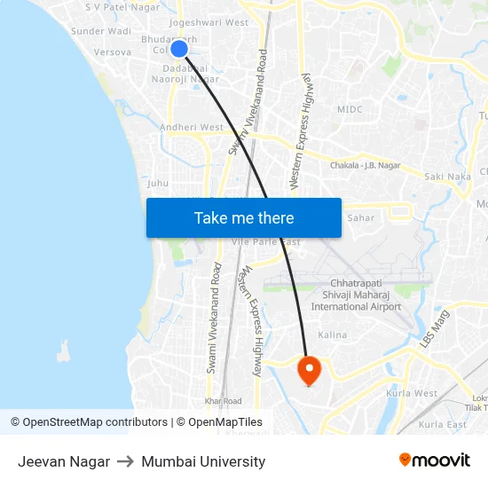 Jeevan Nagar to Mumbai University map