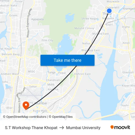 S.T Workshop Thane Khopat to Mumbai University map