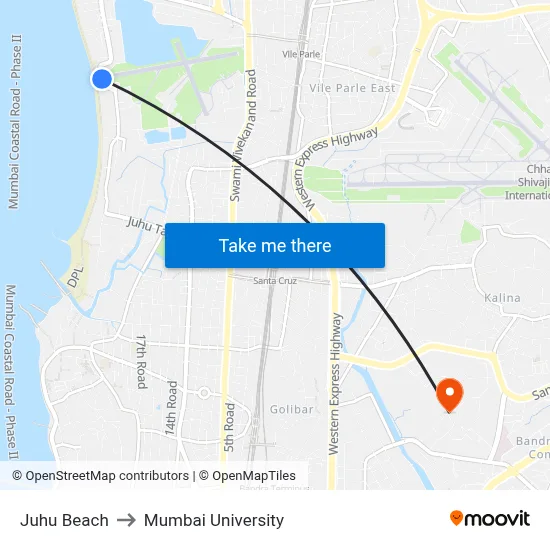 Juhu Beach to Mumbai University map