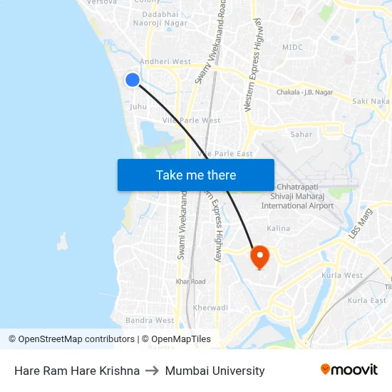 Hare Ram Hare Krishna to Mumbai University map