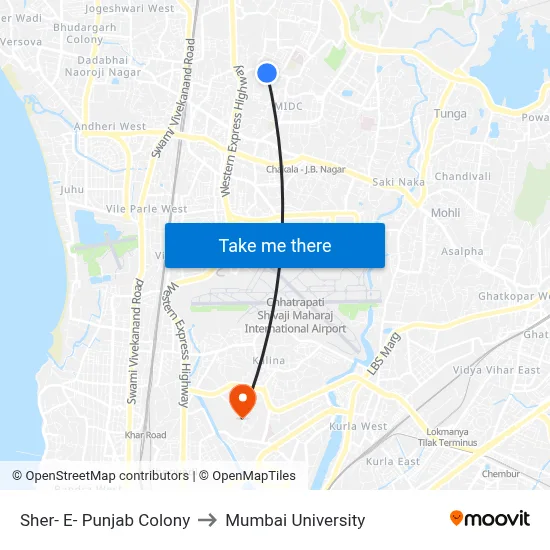 Sher- E- Punjab Colony to Mumbai University map